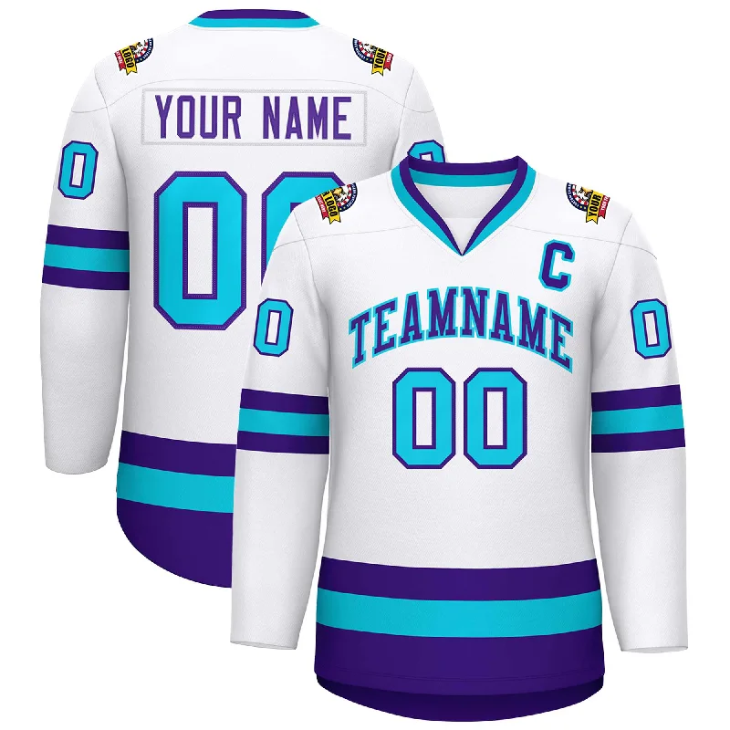 Custom White Purple-Powder Blue Classic Style Hockey Jersey