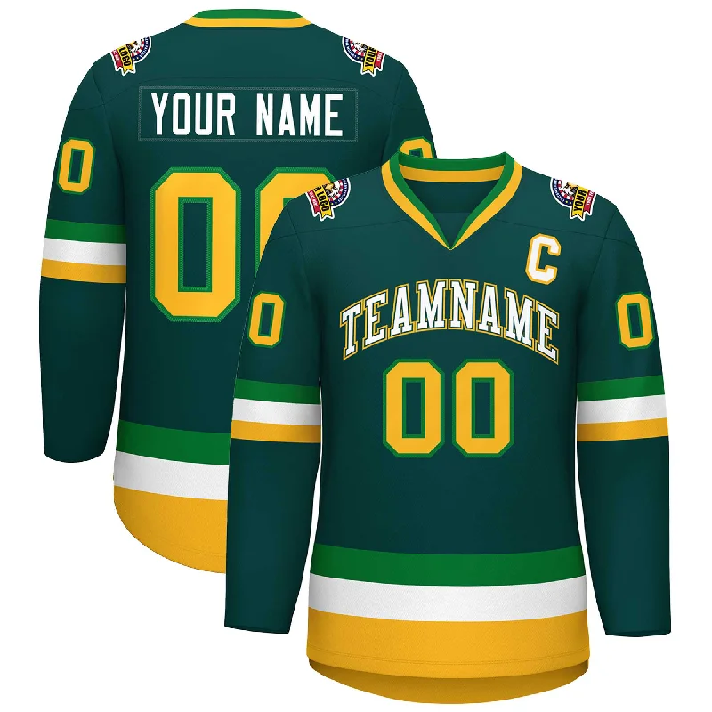 Custom Midnight Green White Kelly Green-Gold Classic Style Hockey Jersey