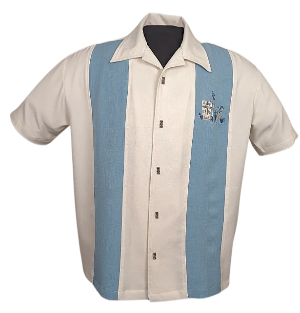 The Mickey Bowling Shirt in Cream with Aqua