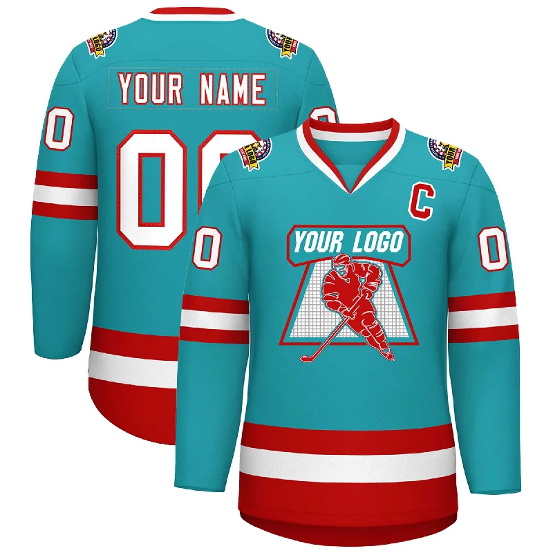 Custom Aqua White-Red Classic Style Hockey Jersey