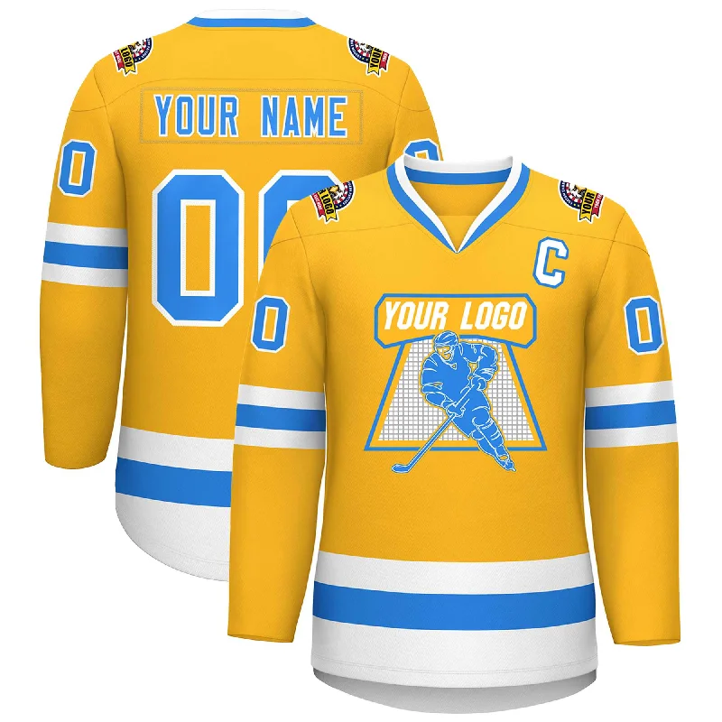 Custom Gold Powder Blue-White Classic Style Hockey Jersey