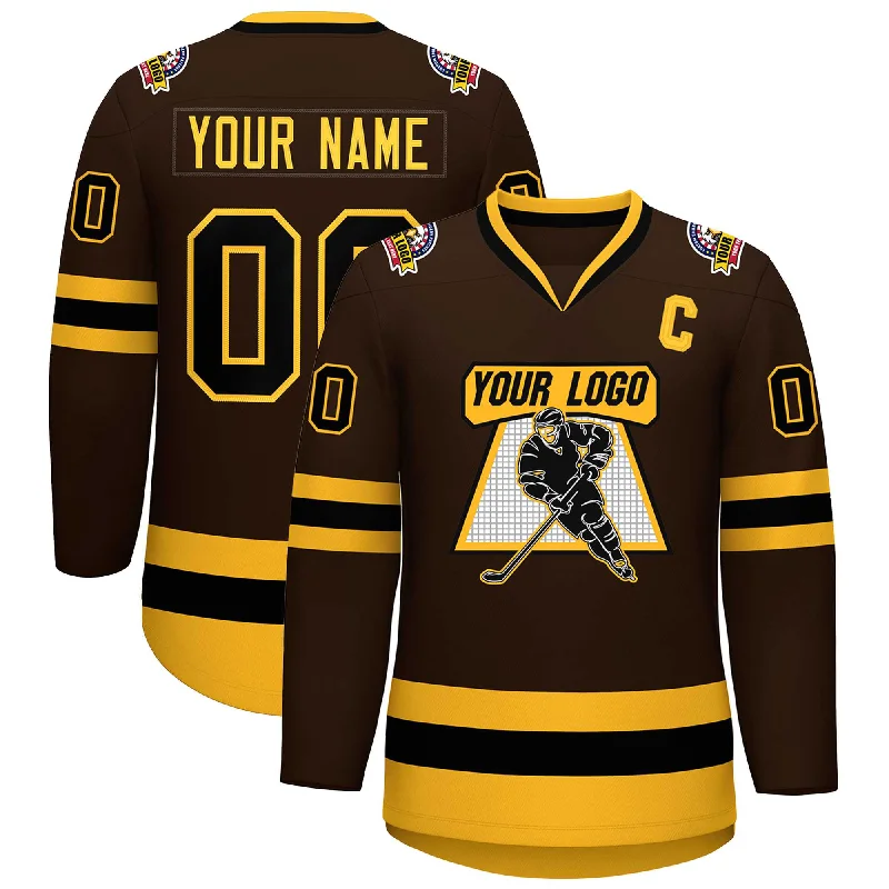 Custom Brown Black-Gold Classic Style Hockey Jersey