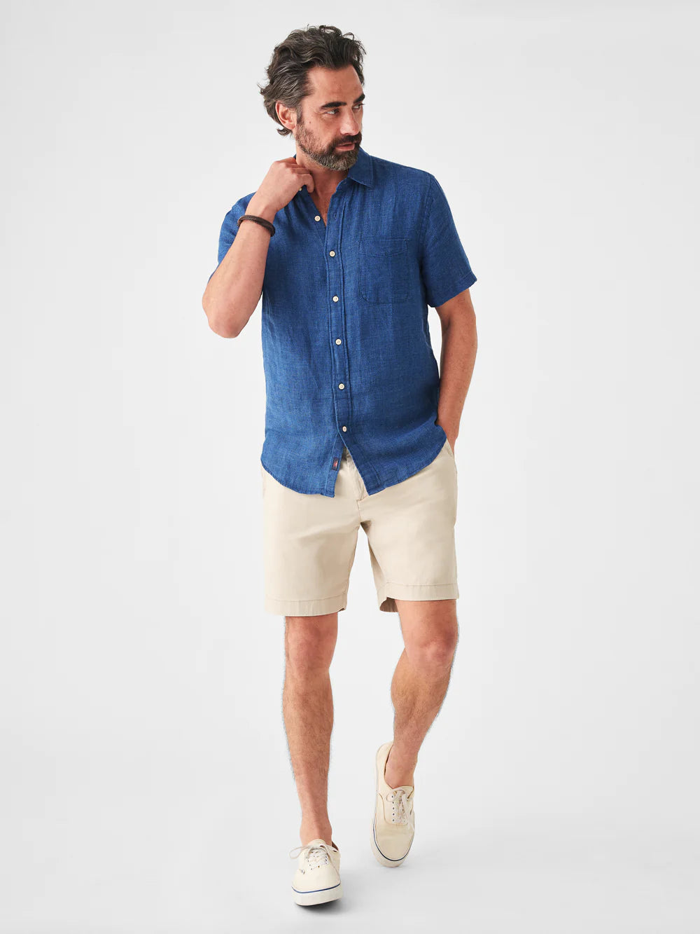 FAHERTY SHORT-SLEEVE LINEN LAGUNA SHIRT IN INDIGO BASKETWEAVE