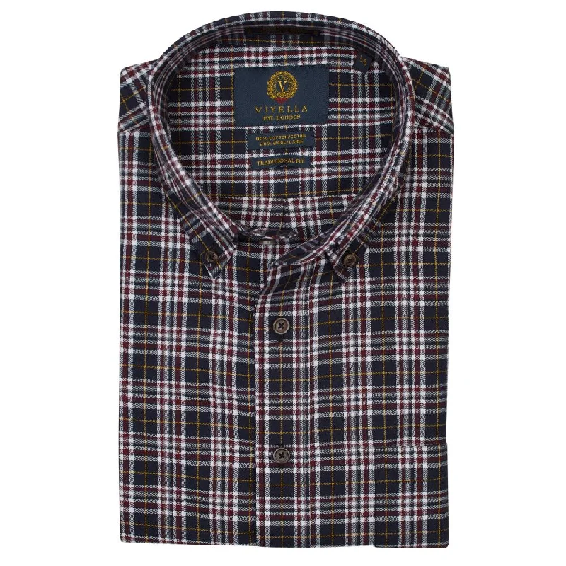 Black, Burgundy, and Gold Plaid Cotton and Wool Blend Button-Down Shirt (Tailored Fit) by Viyella