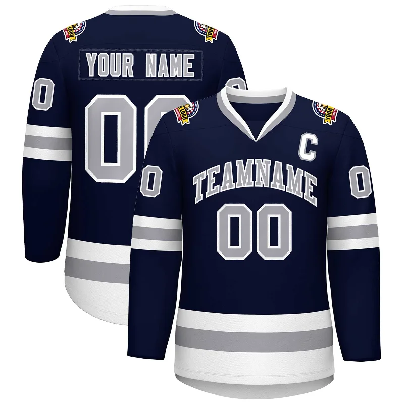 Custom Navy Gray-White Classic Style Hockey Jersey