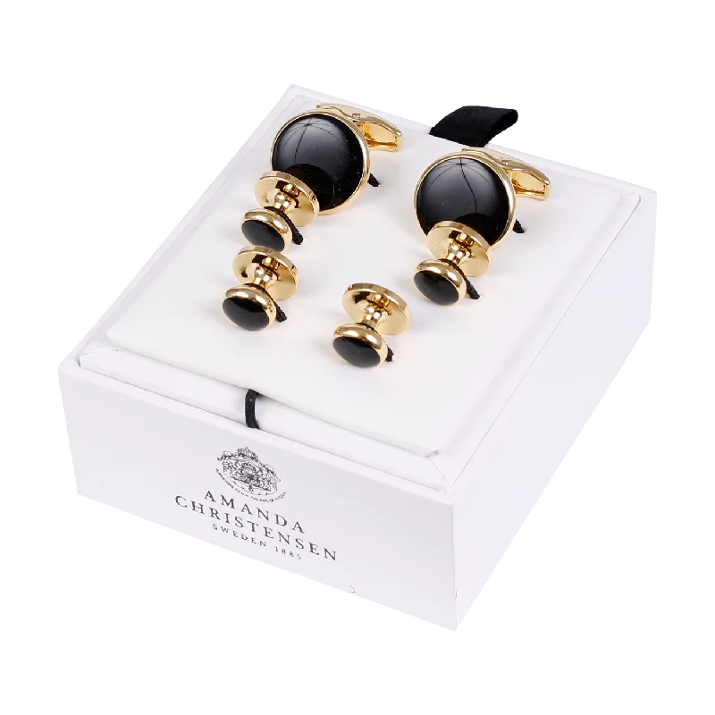 Black Enamel Circle Solid Brass Cufflinks and Studs Set by House of Amanda Christensen