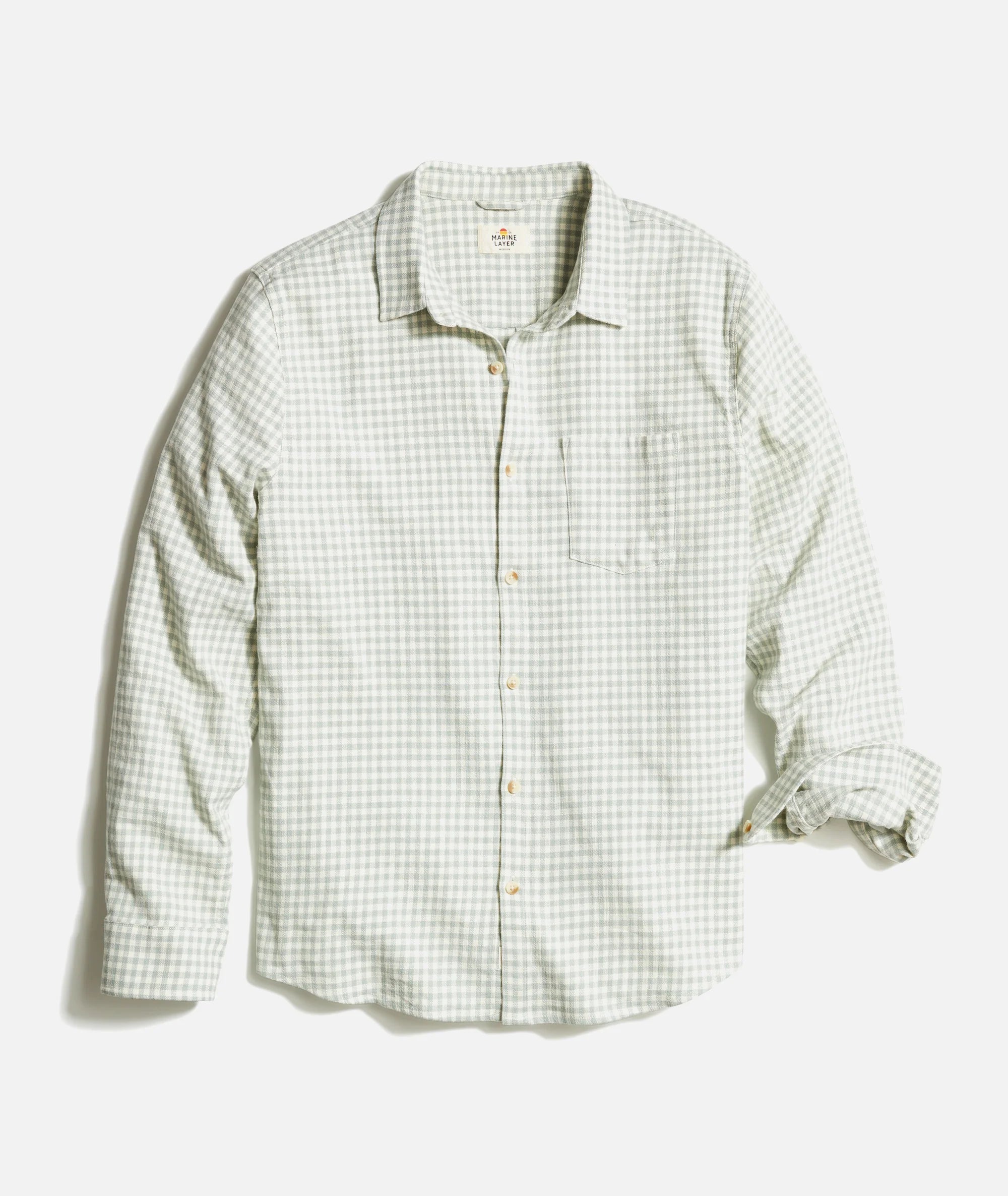 MARINE LAYER CLASSIC STRETCH SELVAGE SHIRT IN GREEN GINGHAM