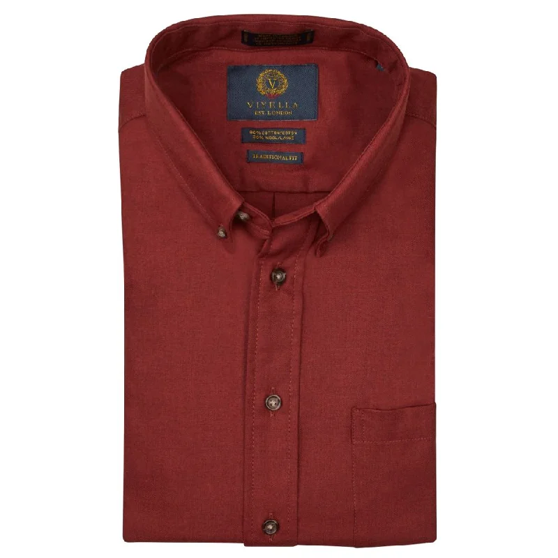 Solid Cotton and Wool Blend Button-Down Shirt in Burgundy (TAILORED FIT) by Viyella