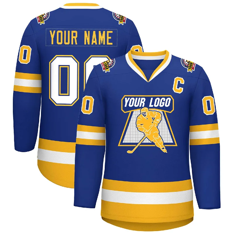 Custom Royal White Royal-Gold Classic Style Hockey Jersey