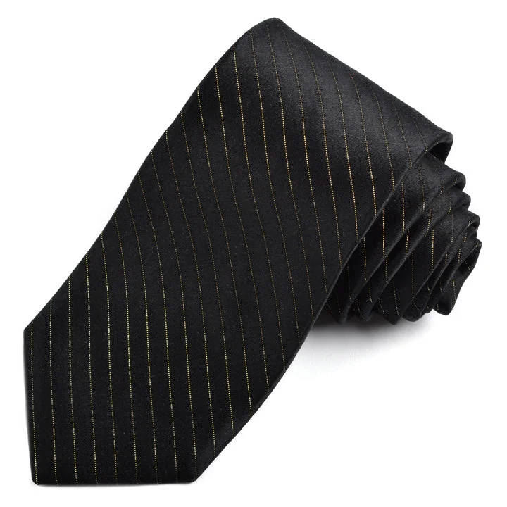 Black and Metallic Gold Fine Stripe Woven Silk Jacquard Tie by Dion Neckwear