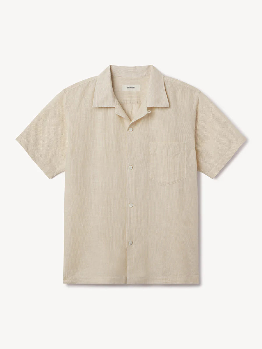 BUCK MASON BREEZE COTTON LINEN S/S CAMP SHIRT IN NATURAL/OCHRE CUT STRIPE