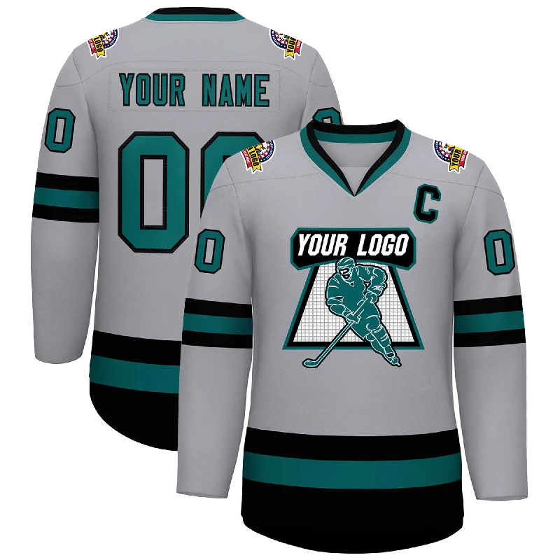 Custom Gray Aqua-Black Classic Style Hockey Jersey