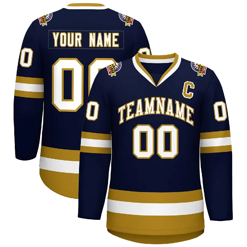 Custom Navy White-Old Gold Classic Style Hockey Jersey