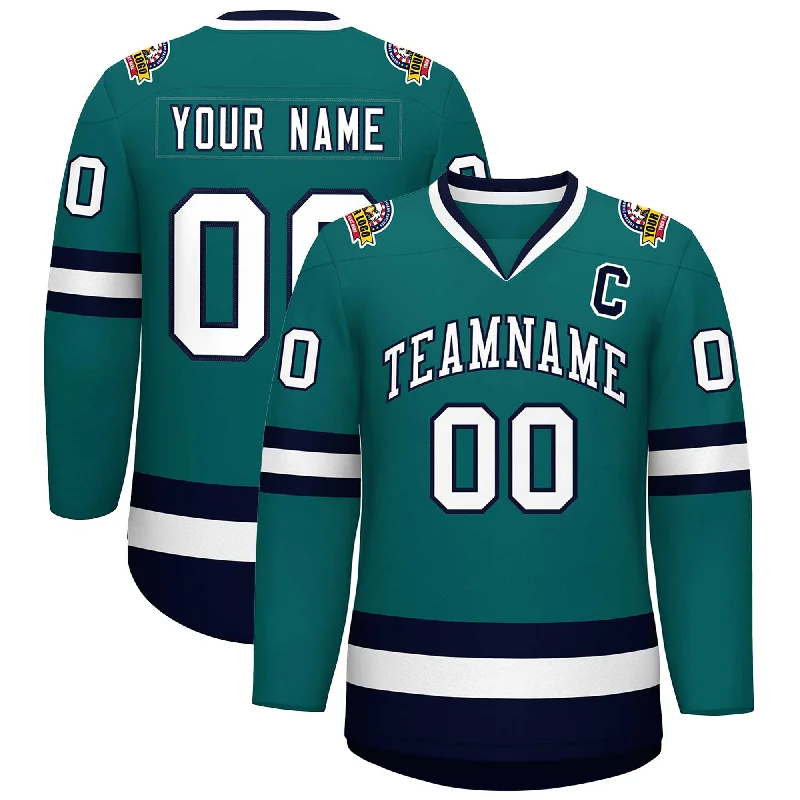 Custom Teal White-Navy Classic Style Hockey Jersey