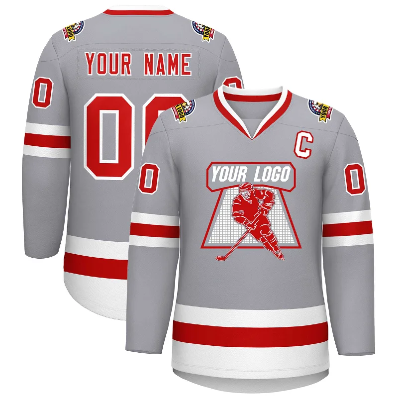 Custom Gray Red-White Classic Style Hockey Jersey