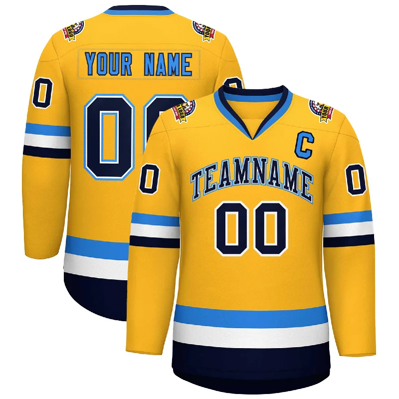 Custom Gold Navy White-Powder Blue Classic Style Hockey Jersey