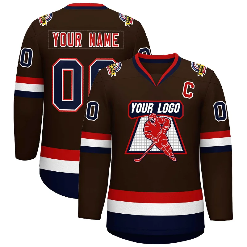 Custom Brown Navy White-Red Classic Style Hockey Jersey