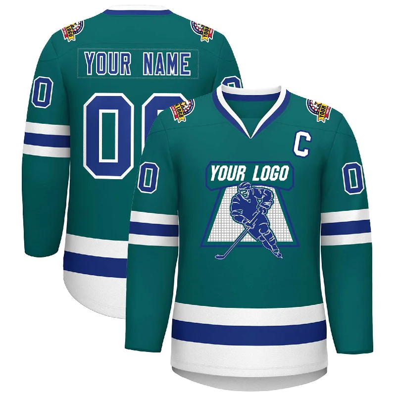 Custom Teal Royal-White Classic Style Hockey Jersey