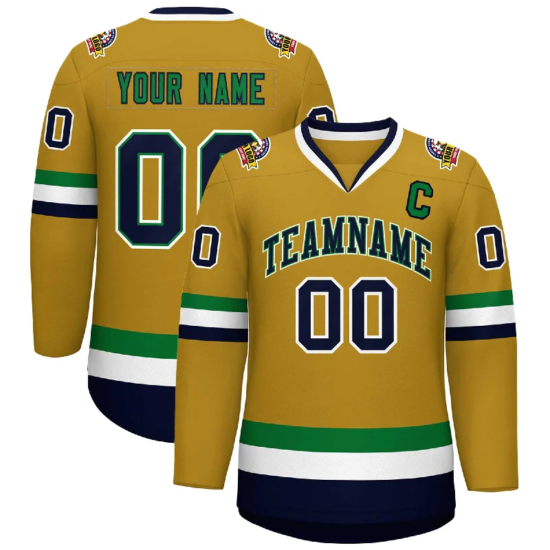 Custom Old Gold Navy Kelly Green-White Classic Style Hockey Jersey