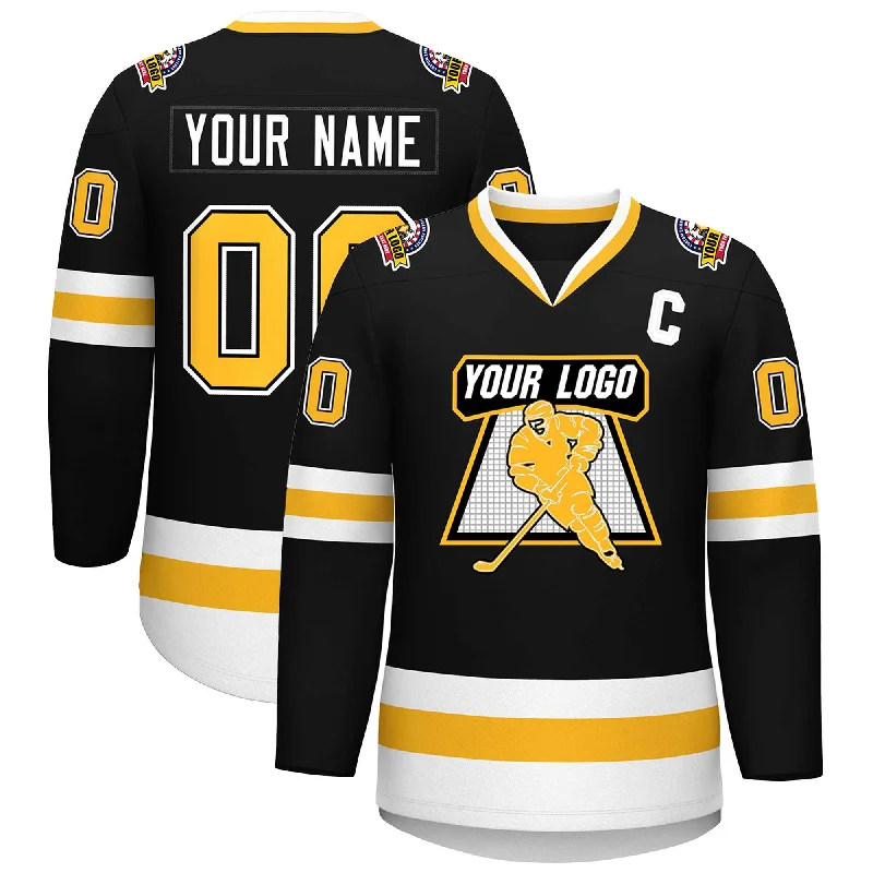 Custom Black Gold Black-White Classic Style Hockey Jersey