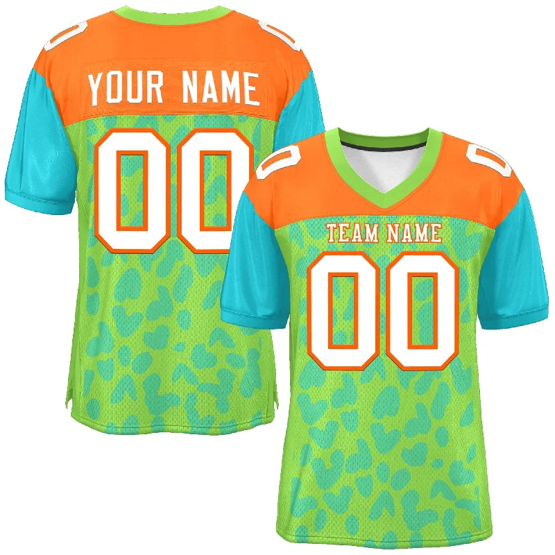 Custom Neon Green Orange-Aqua Raglan Sleeves Personalized Camo Authentic Football Jersey