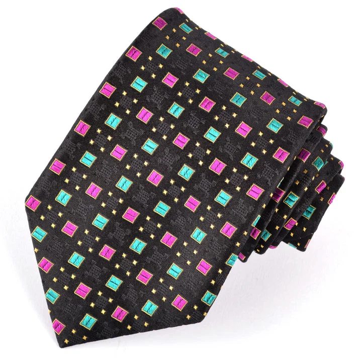 Black, Magenta, Gold, and Teal Square Neat Woven Silk Jacquard Tie by Dion Neckwear