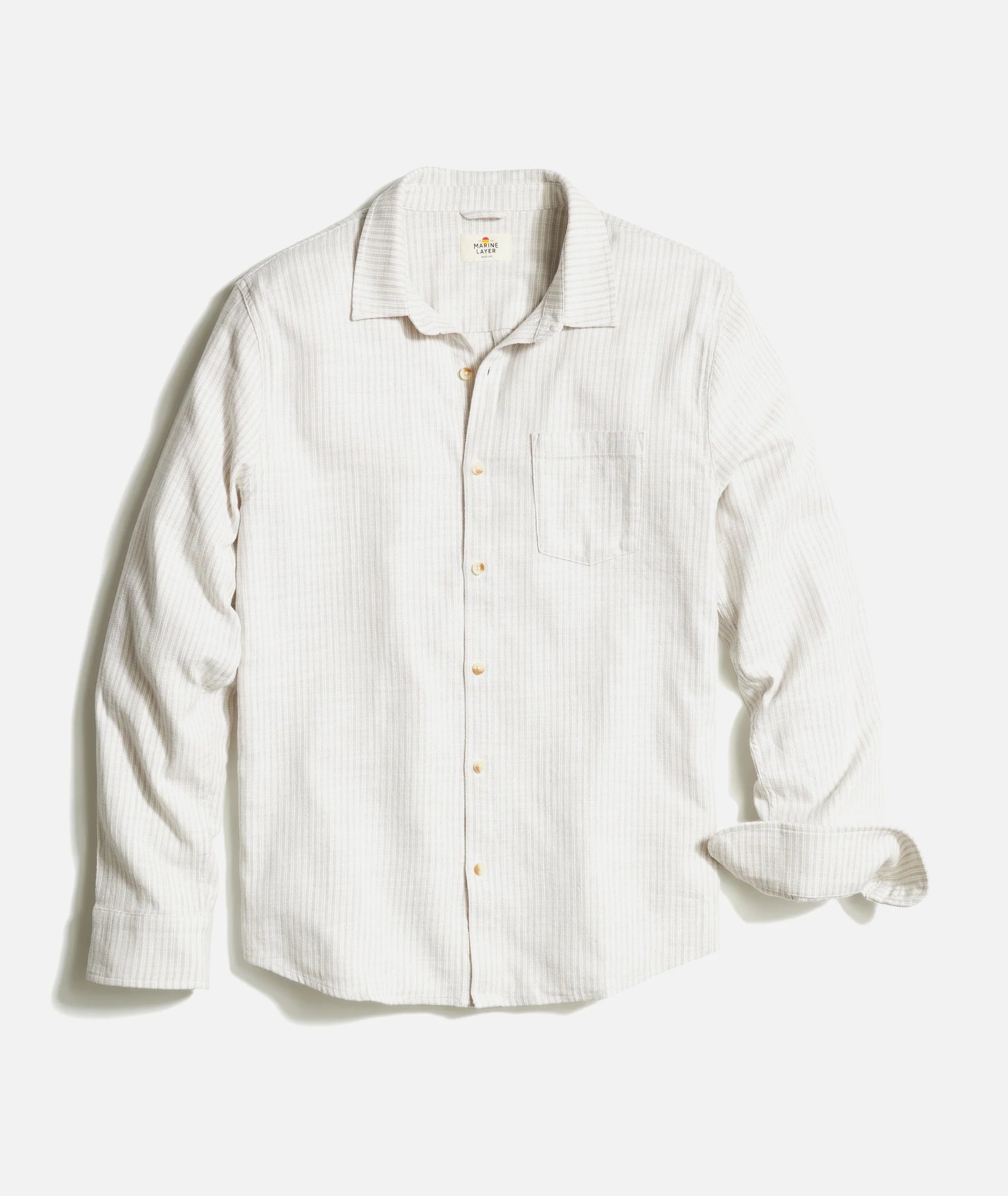 MARINE LAYER CLASSIC STRETCH SELVAGE SHIRT IN GREY VERTICAL STRIPE