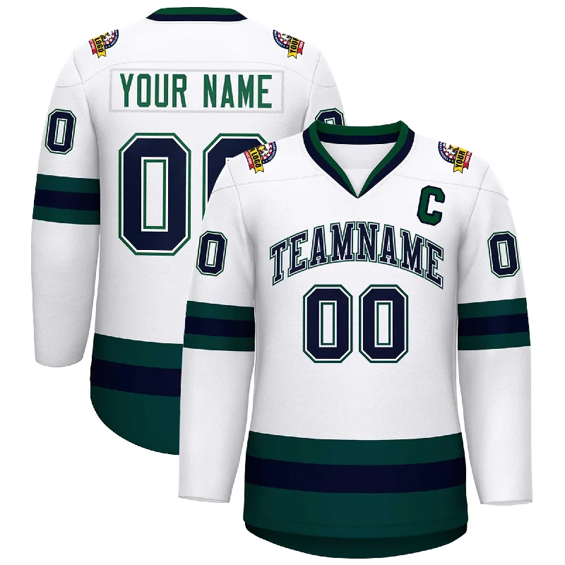 Custom White Navy White-Green Classic Style Hockey Jersey