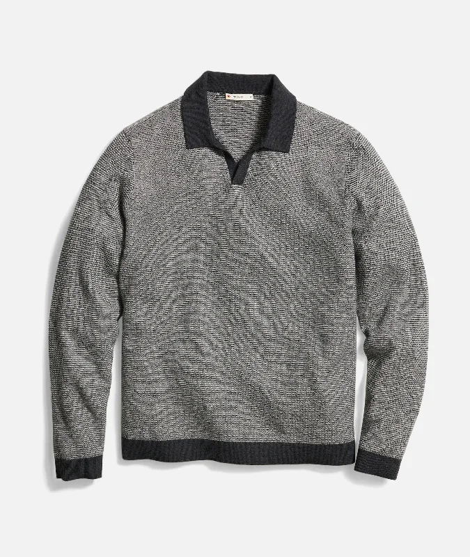 MARINE LAYER LIAM SWEATER POLO IN BLACK OYSTER/PEARL GREY