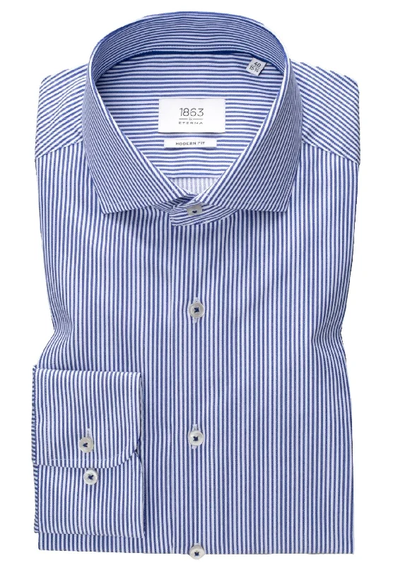 'Luxury Twill' in Blue Striped - Modern Fit - Two Ply Cotton Twill Dress Shirt with Cutaway Collar (Size 17 1/2 Regular) by Eterna 1863