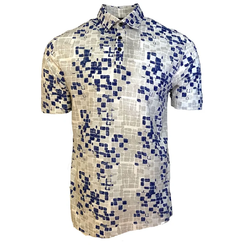 Box Print Cotton Polo in Blue, Grey, and White by Viyella