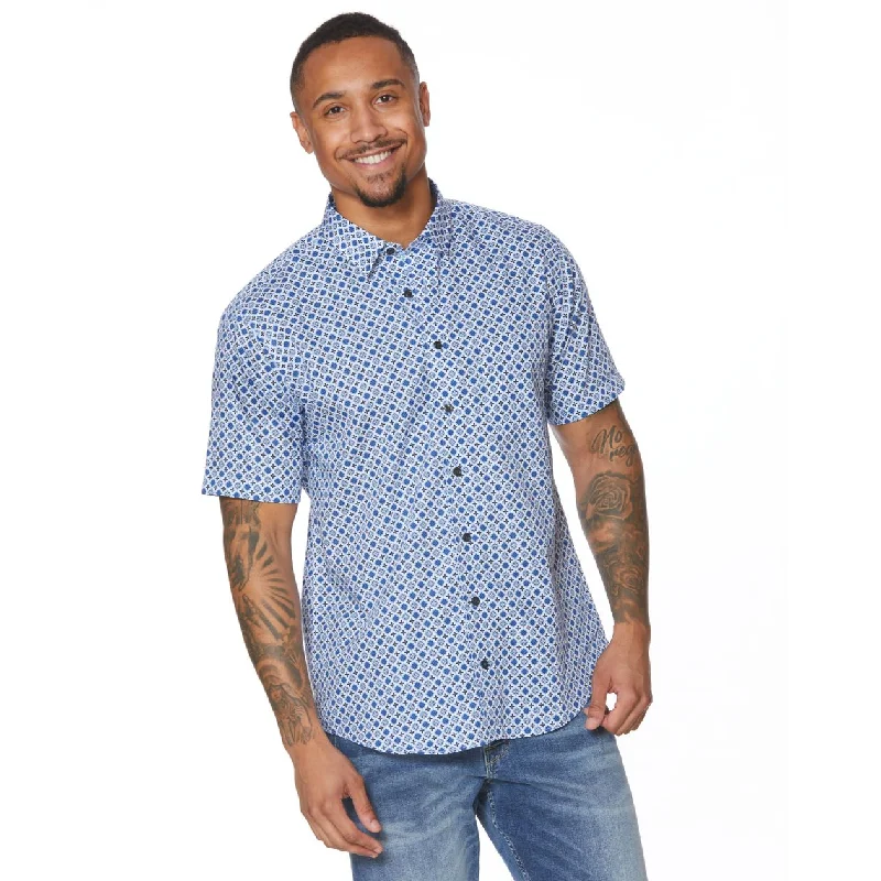 Blue Neat Geometric Print Short Sleeve No-Iron Cotton Sport Shirt with Hidden Button Down Collar (Size X-Large) by Leo Chevalier