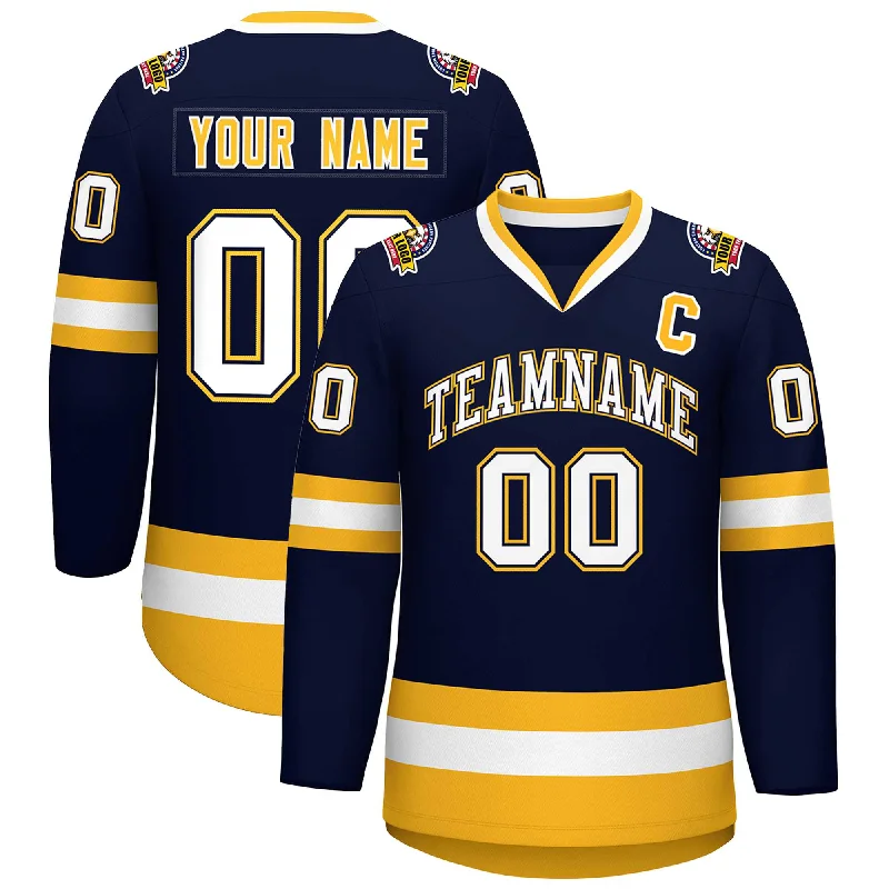 Custom Navy White Navy-Gold Classic Style Hockey Jersey