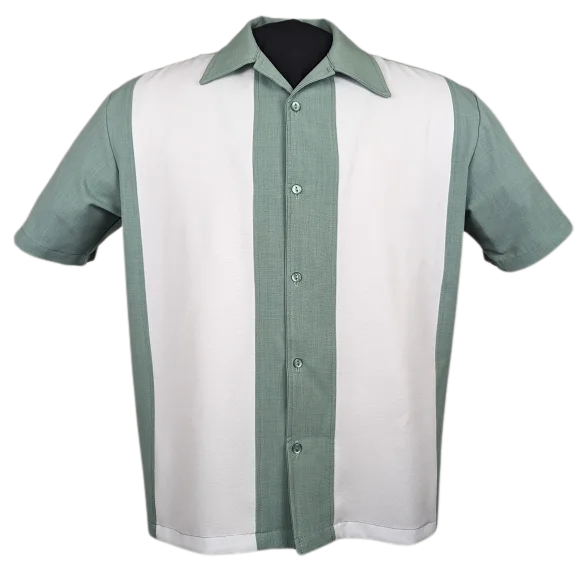 PopCheck Wide Double Panel Button Up in Mint/White Bowling Shirt