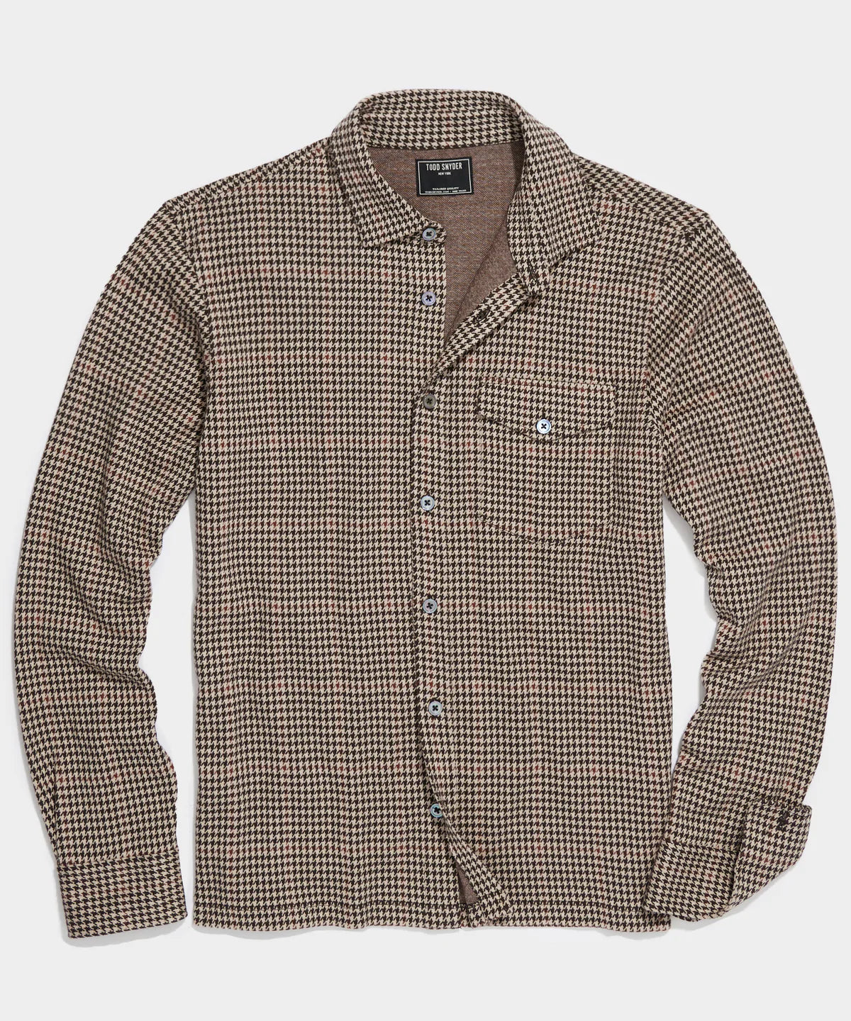 TODD SNYDER HOUNDSTOOTH DOUBLE KNIT POLO IN SADDLE BROWN