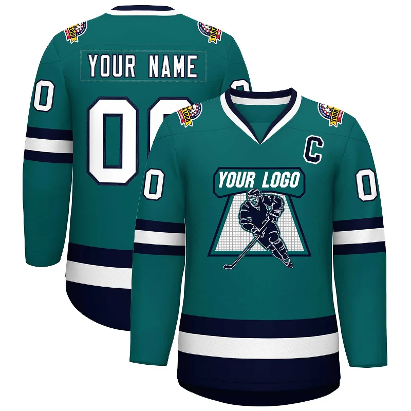 Custom Teal White-Navy Classic Style Hockey Jersey