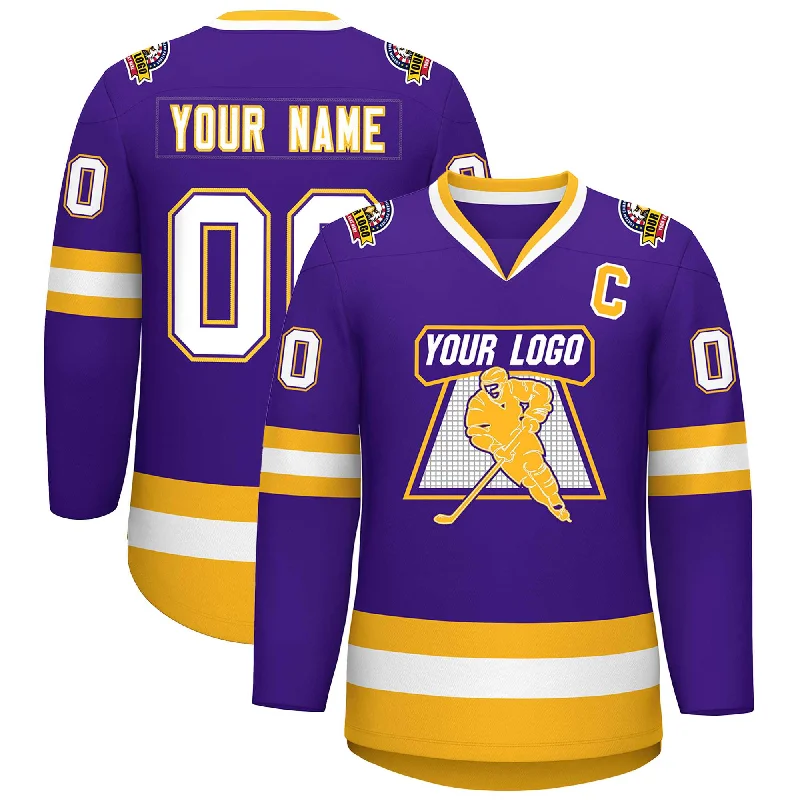 Custom Purple White Purple-Gold Classic Style Hockey Jersey