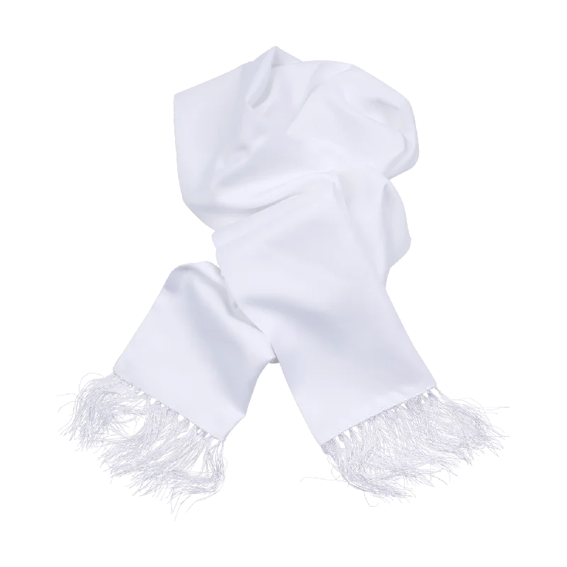 Solid Silk Ceremony Scarf with Handknotted Fringe in White by House of Amanda Christensen