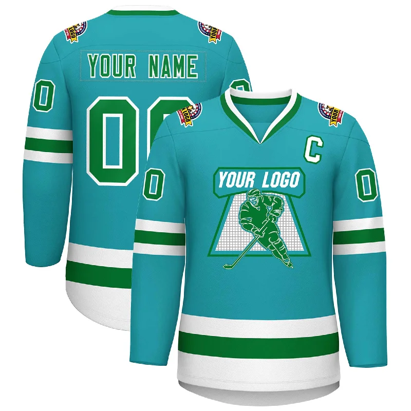 Custom Aqua Kelly Green-White Classic Style Hockey Jersey