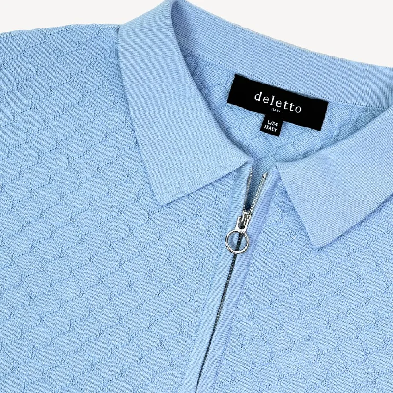 Antonio Honeycomb Weave Pima Cotton Zip Polo in Light Blue (Size XX-Large) by Deletto Italy