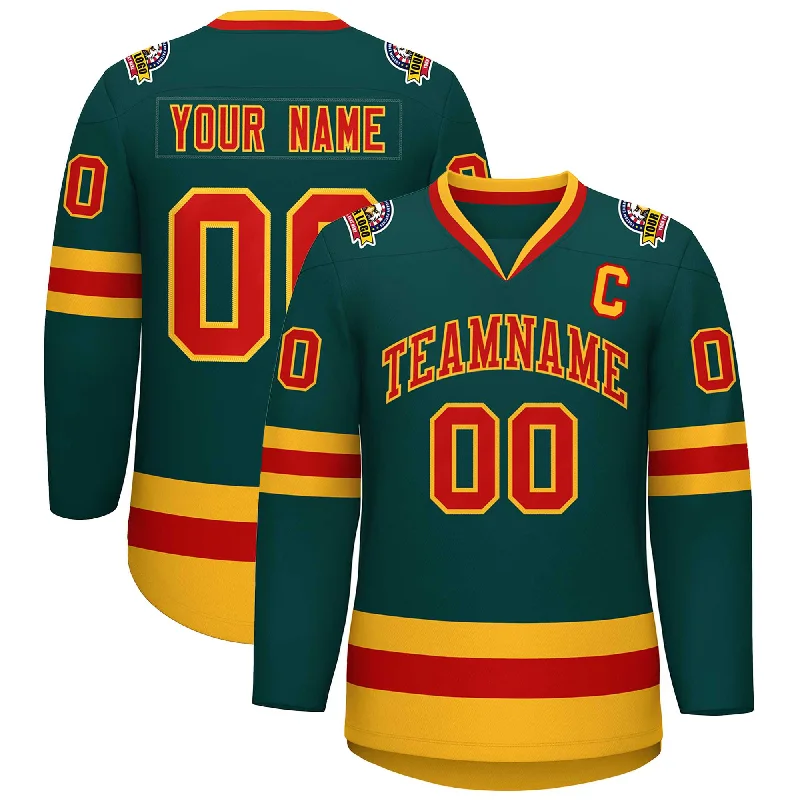 Custom Midnight Green Red-Gold Classic Style Hockey Jersey