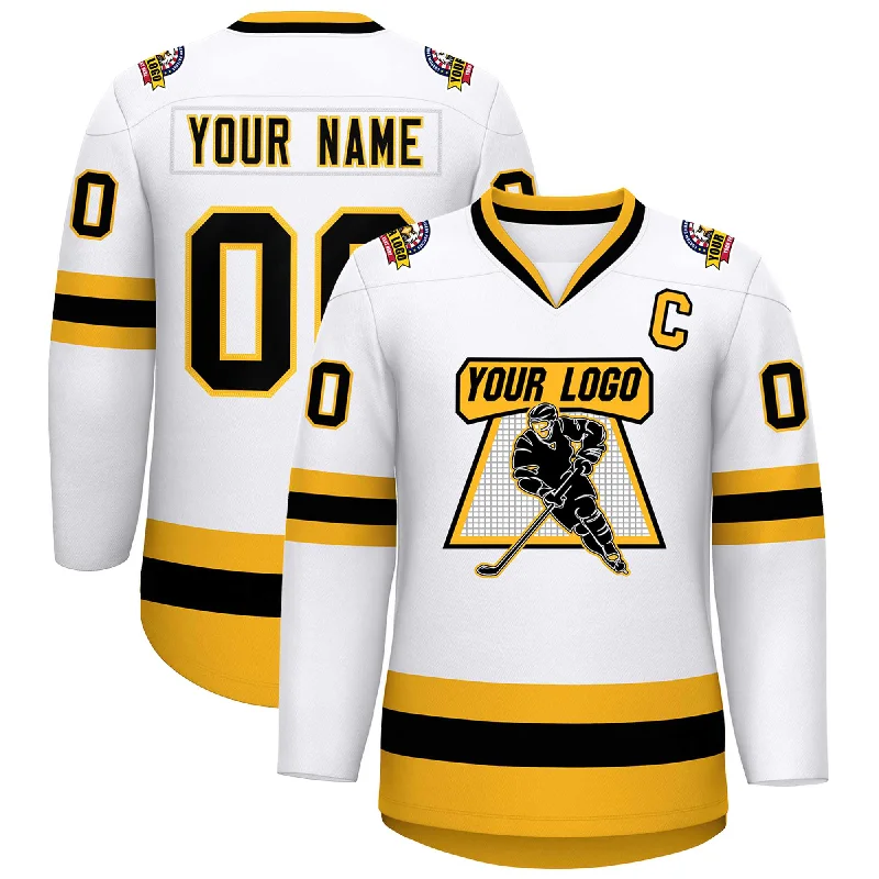 Custom White Black-Gold Classic Style Hockey Jersey