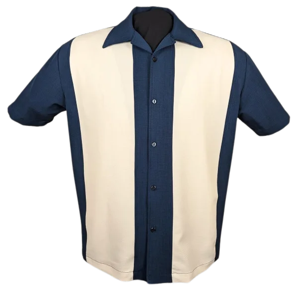 PopCheck Wide Double Panel Button Up in Denim/Cream Bowling Shirt