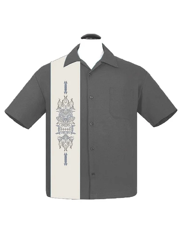 Pinstripe Tiki Panel Bowling Shirt in Charcoal/Cream