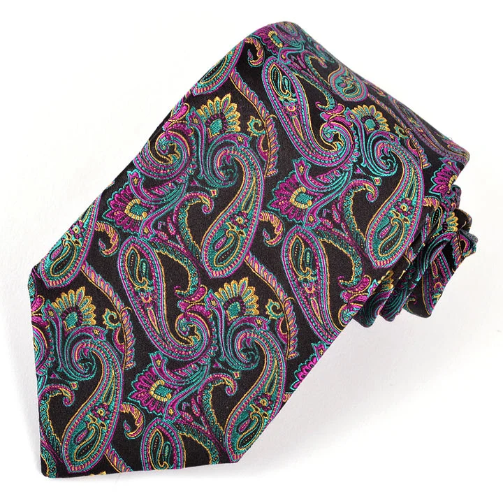 Black, Magenta, Teal, and Gold Peacock Paisley Woven Silk Jacquard Tie by Dion Neckwear