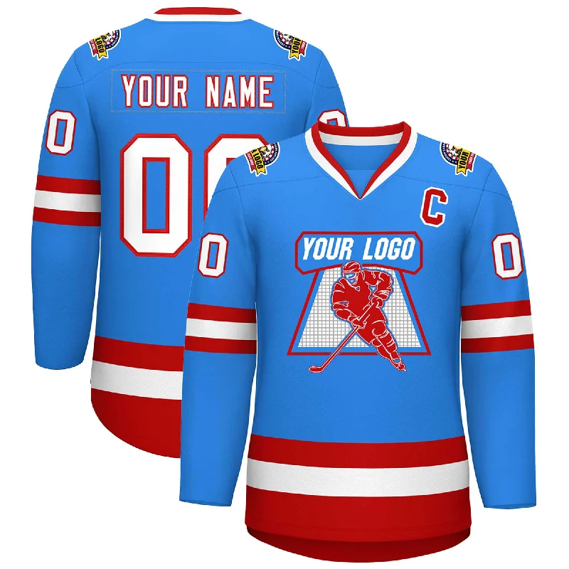 Custom Powder Blue White-Red Classic Style Hockey Jersey