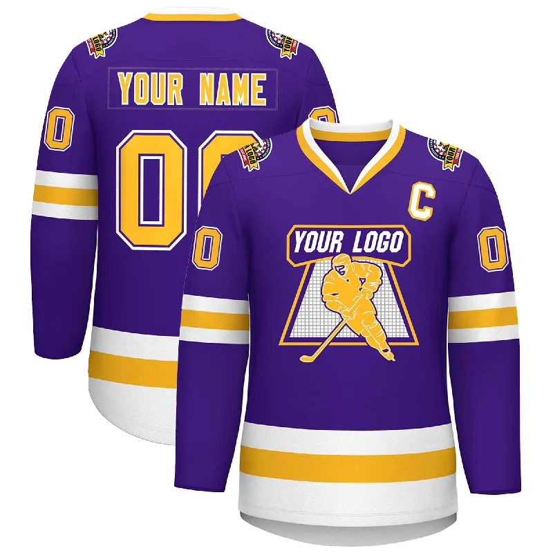 Custom Purple Gold Purple-White Classic Style Hockey Jersey