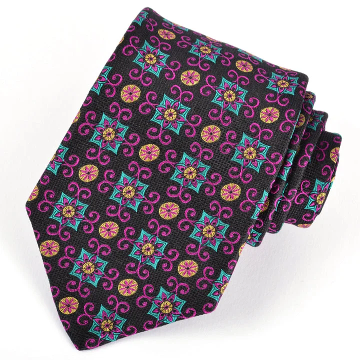 Black, Magenta, Teal, and Gold Mardi Gras Square Medallion Woven Silk Jacquard Tie by Dion Neckwear