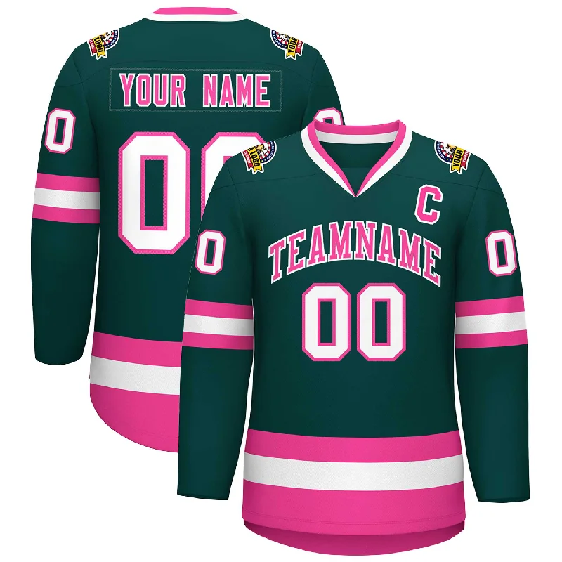 Custom Midnight Green Pink-White Classic Style Hockey Jersey