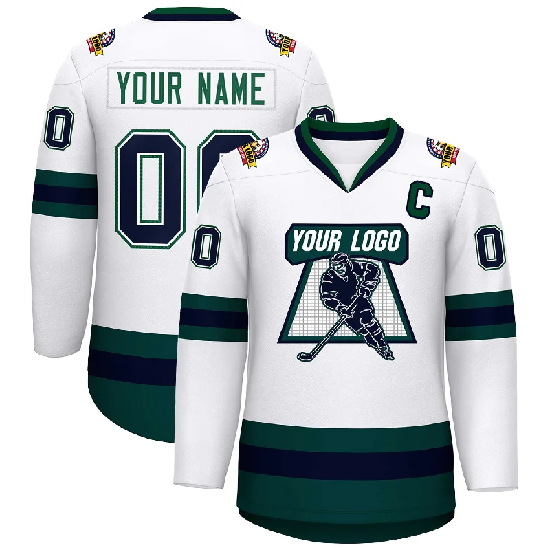 Custom White Navy White-Green Classic Style Hockey Jersey